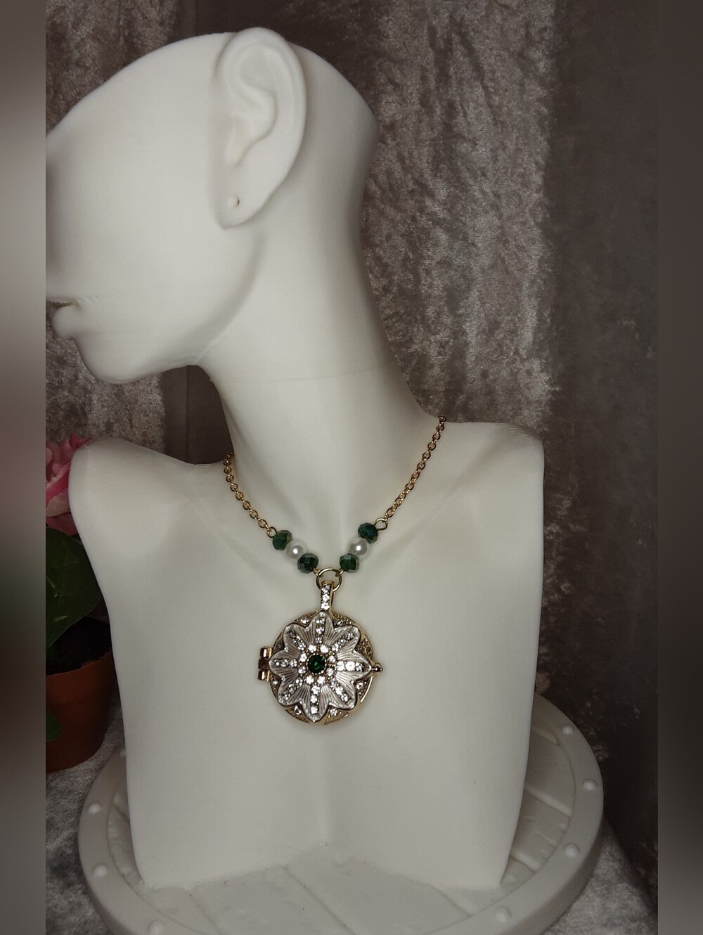 Handmade Locket Necklace Vintage Style Rhinestones 21" Long Chain